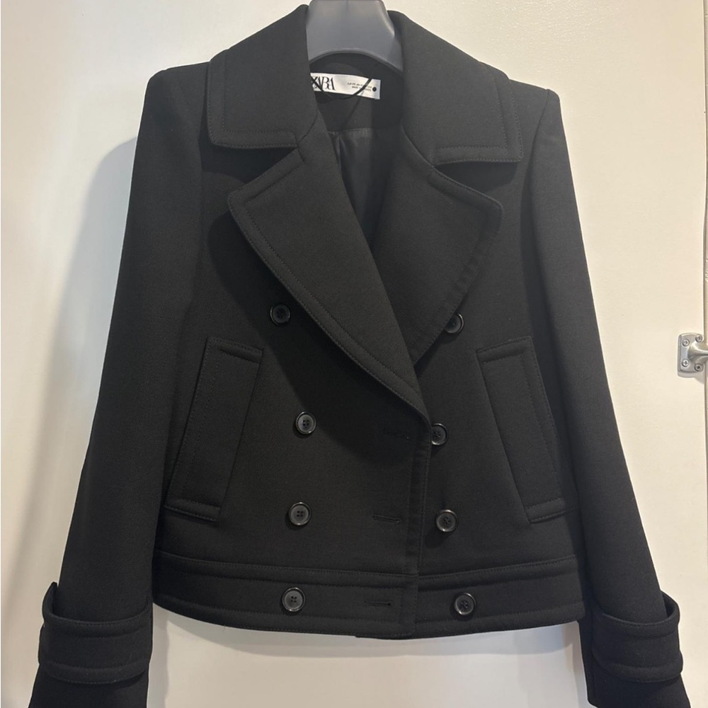 Zara Black Pea Coat Double-Breasted Wool Blend